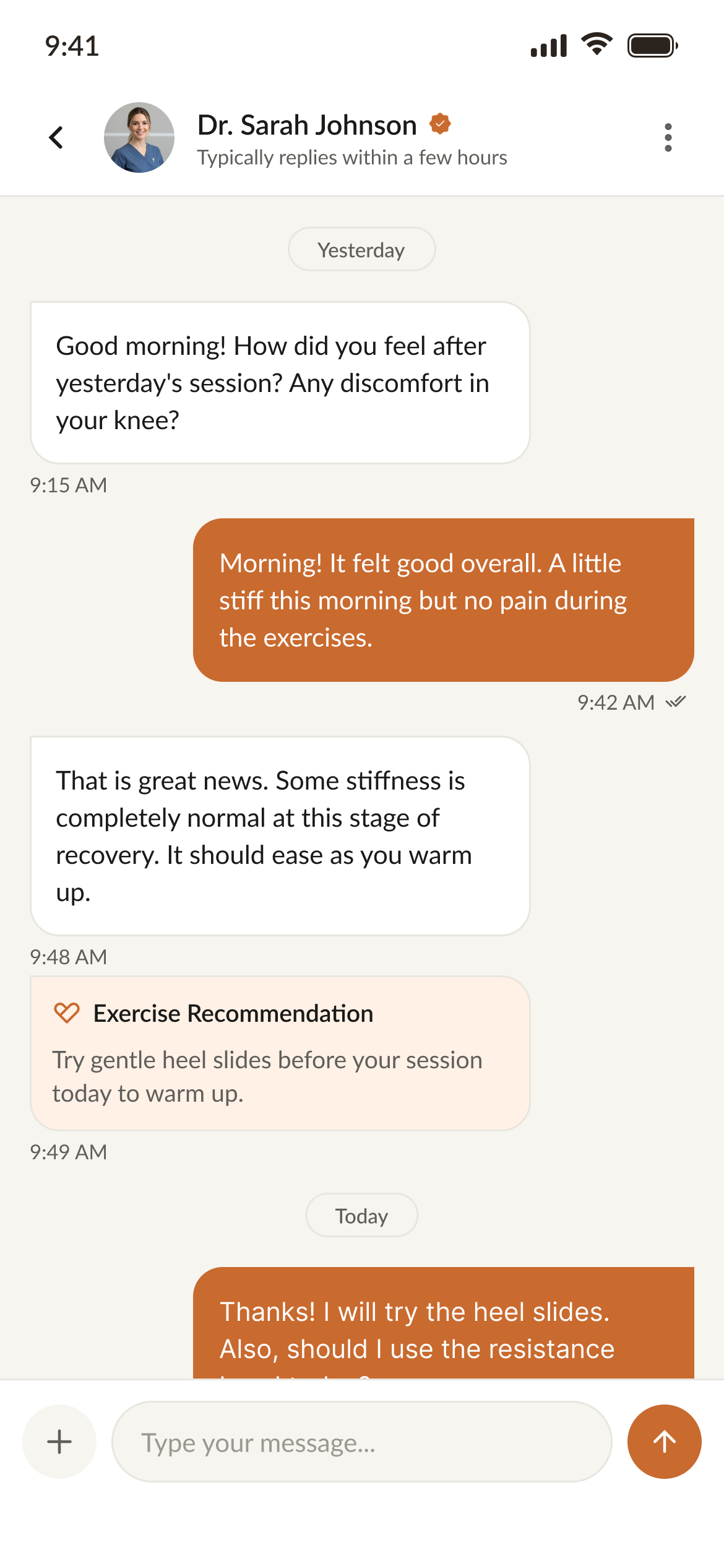The physiotherapist stays reachable