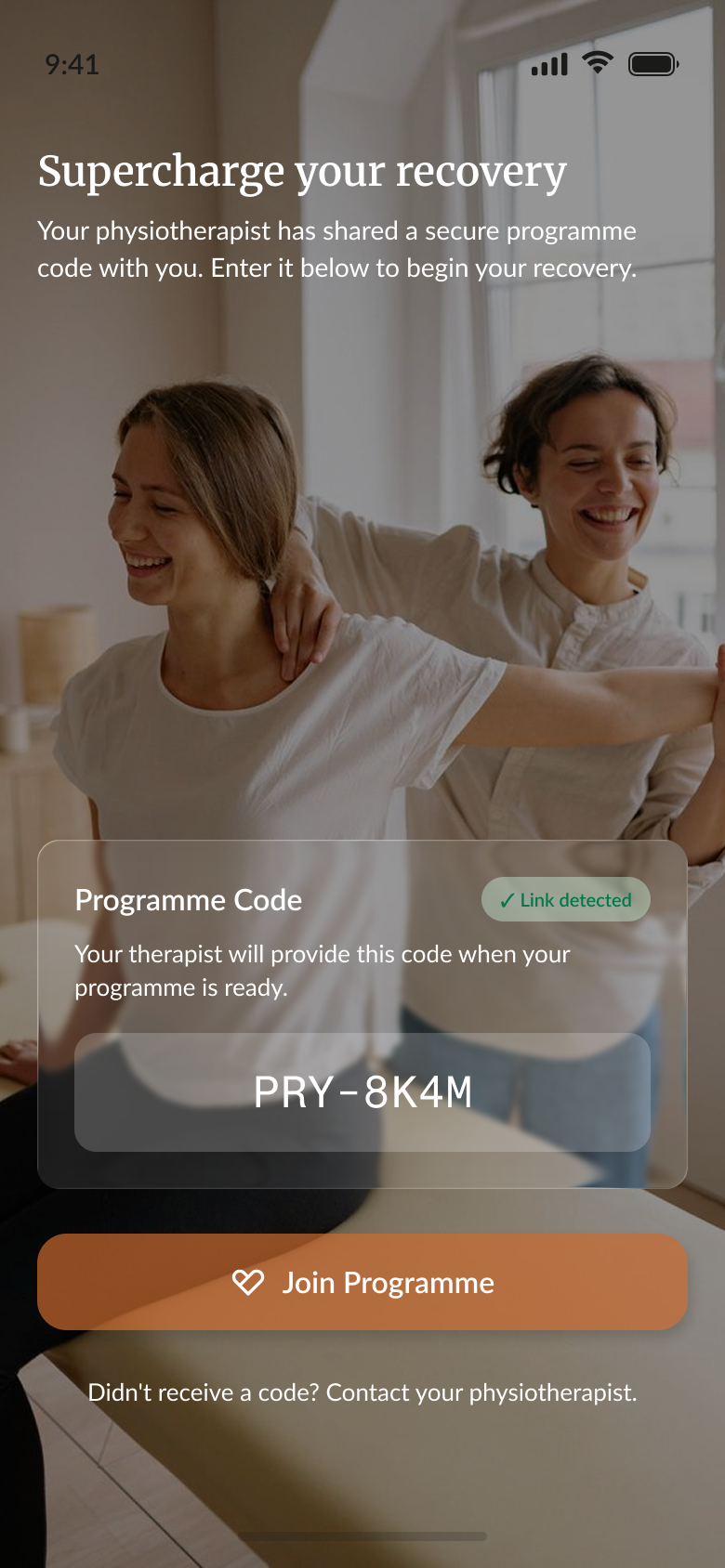Onboarding, from a link the physiotherapist sends