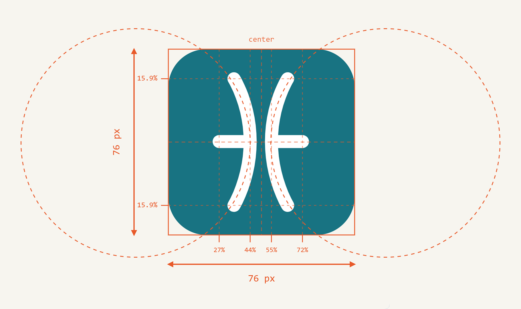 Constructed, not drawn: both arcs are cut from two circles overlapping a 76px square.