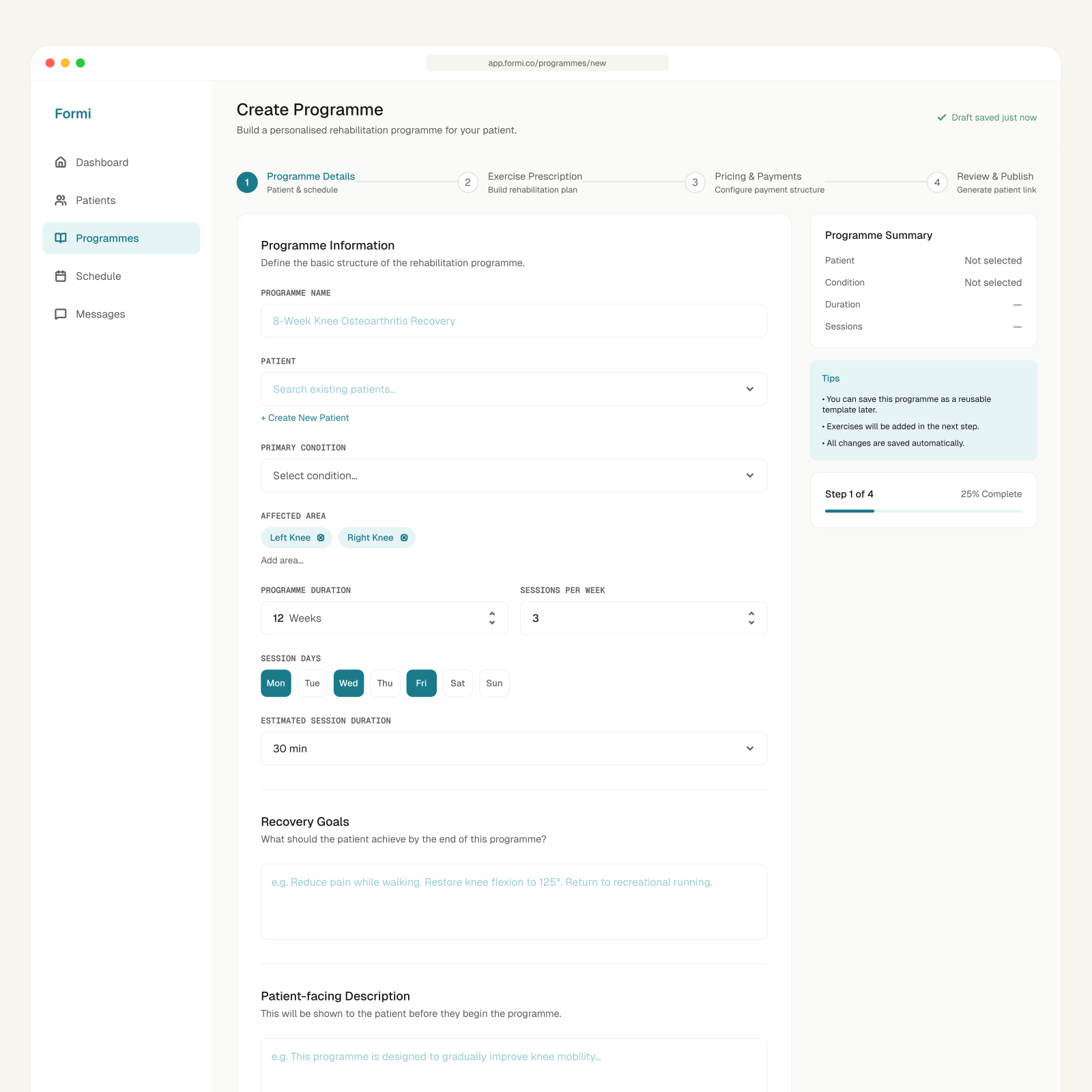 Formi — Programme builder step 1