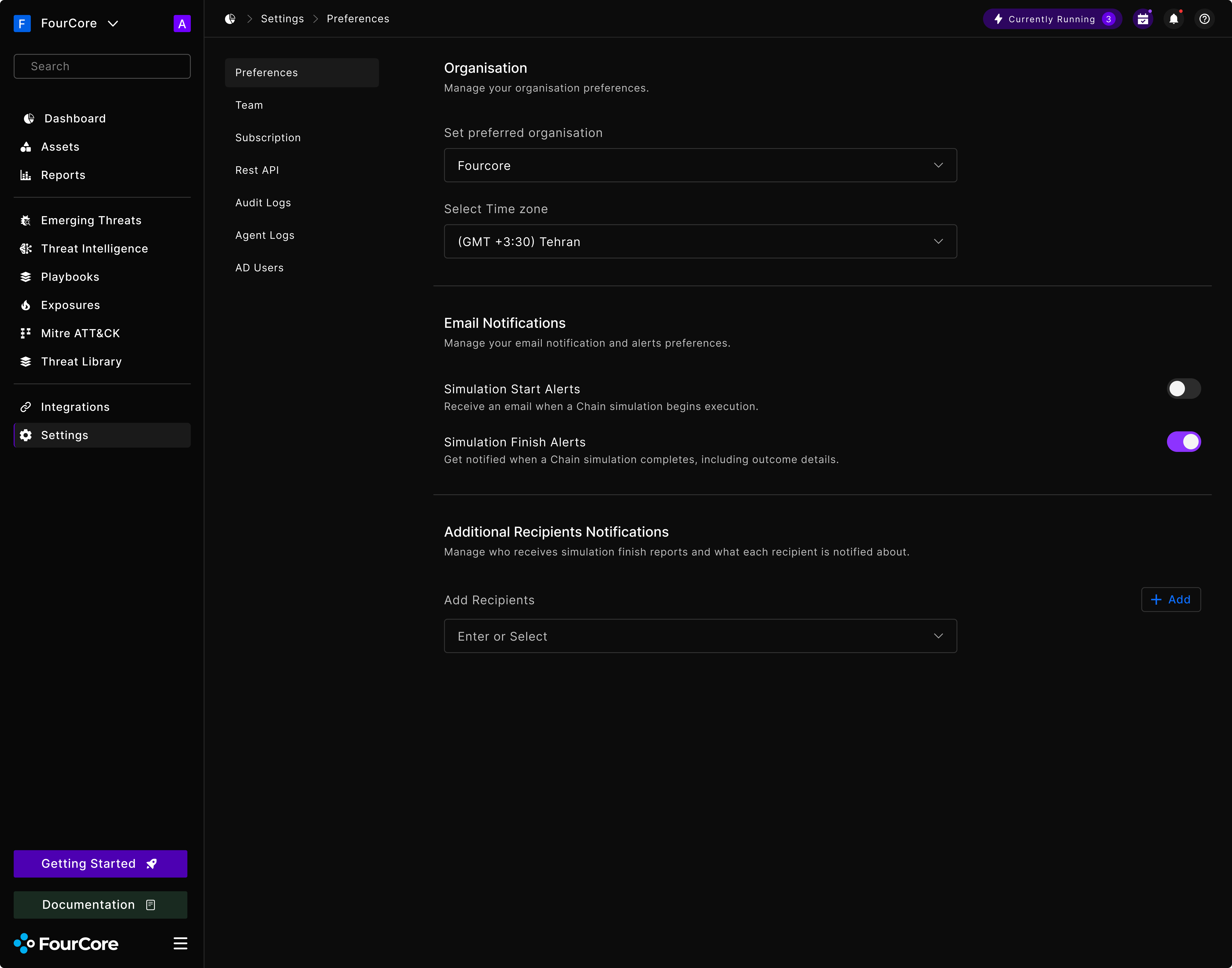 Preferences: organisation, time zone and alerting