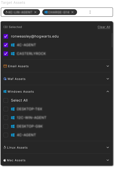 The target picker, grouped by asset type