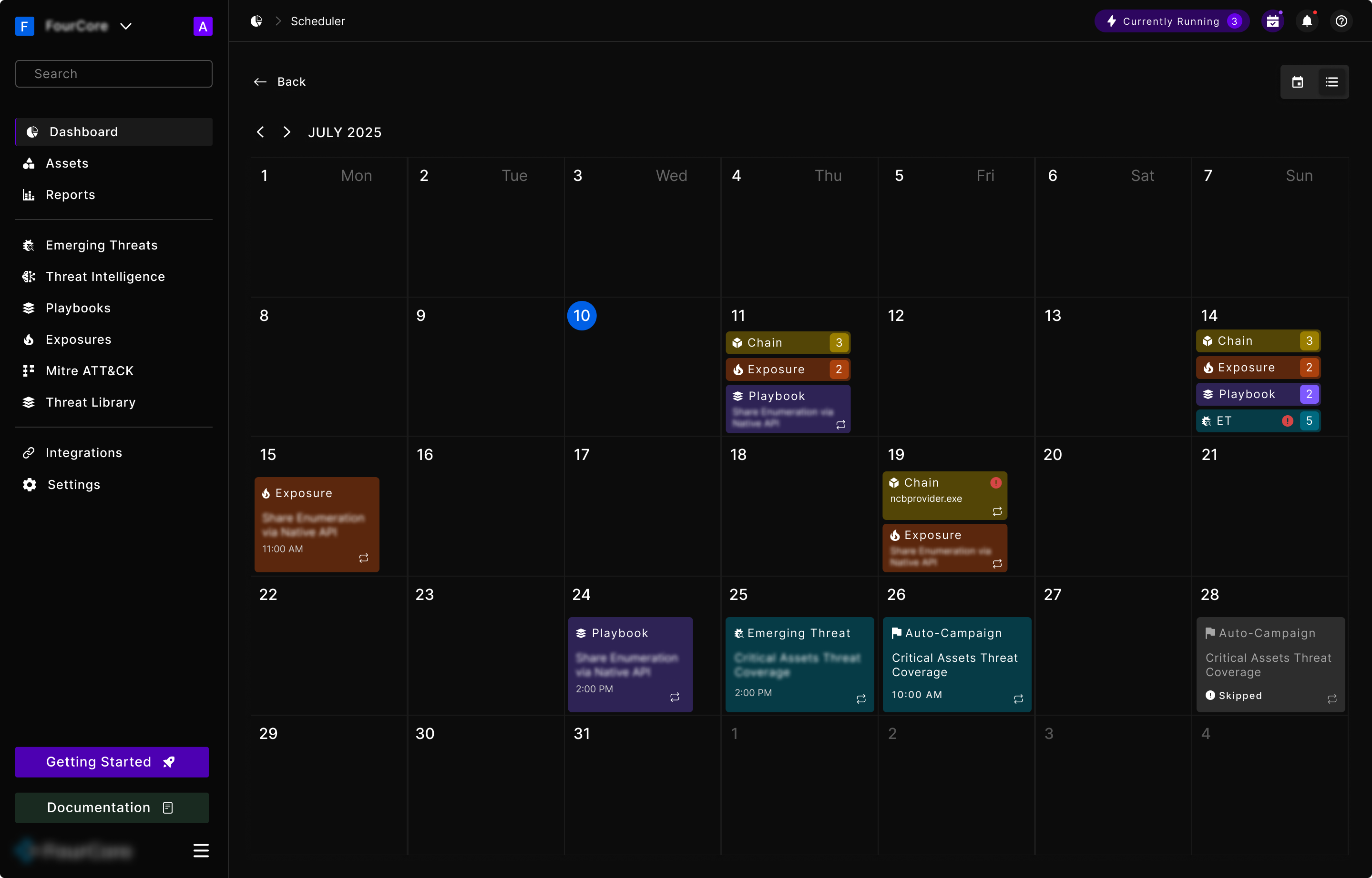 The calendar view: a month of scheduled simulations, colour-coded by type