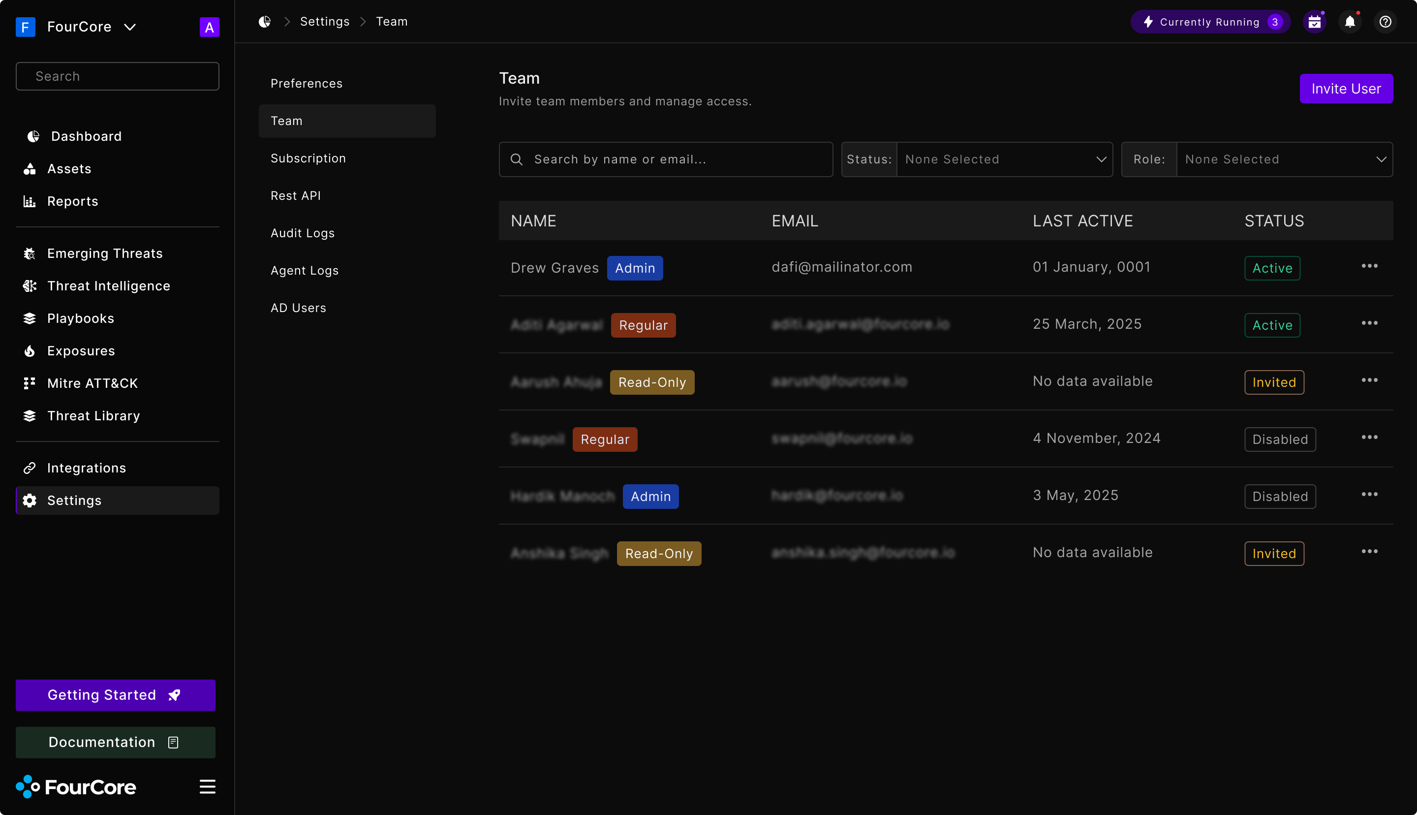Settings → Team: roles, status and last active in one table