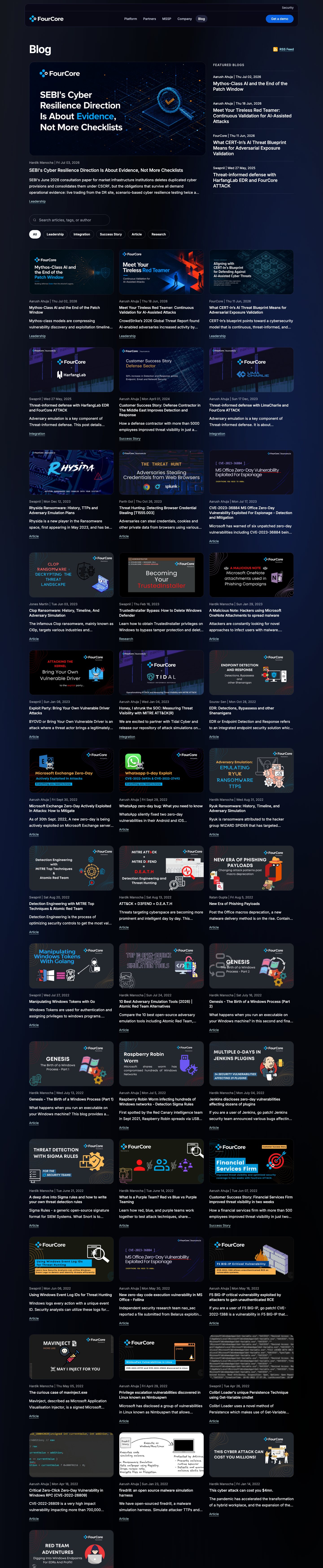 Blog: a publishing surface for security research, which is how a company like this earns attention. No before exists for this one; it didn’t have a blog until the redesign. Cropped from a full-page capture.