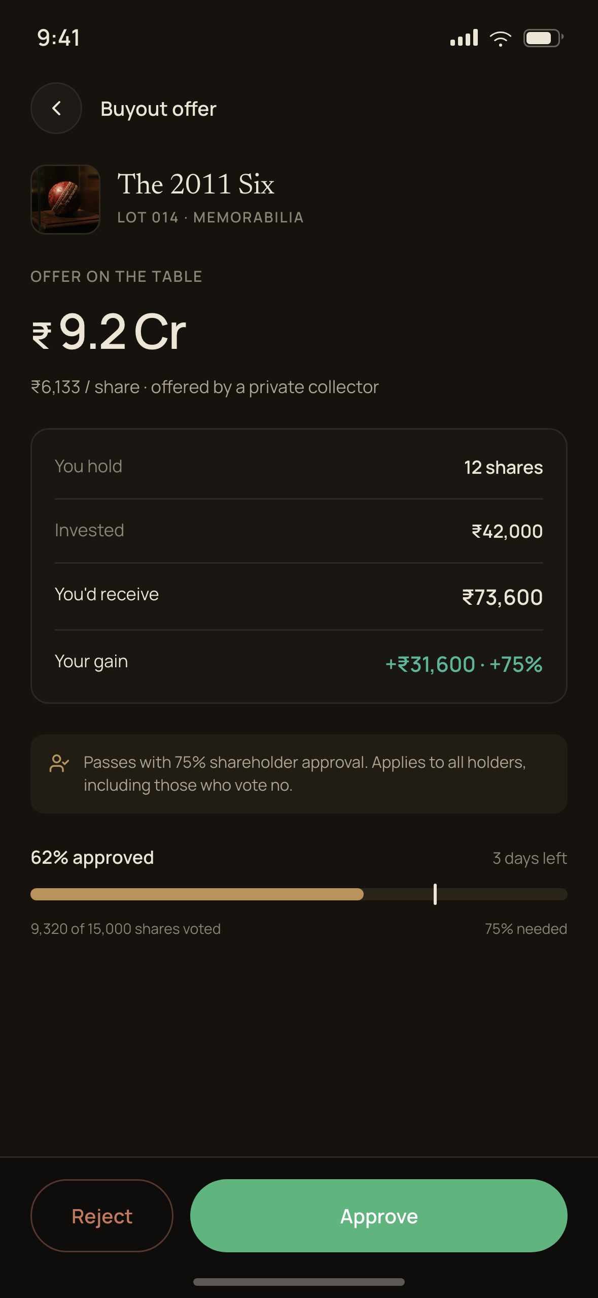 Your payout, the approval threshold, and the live tally