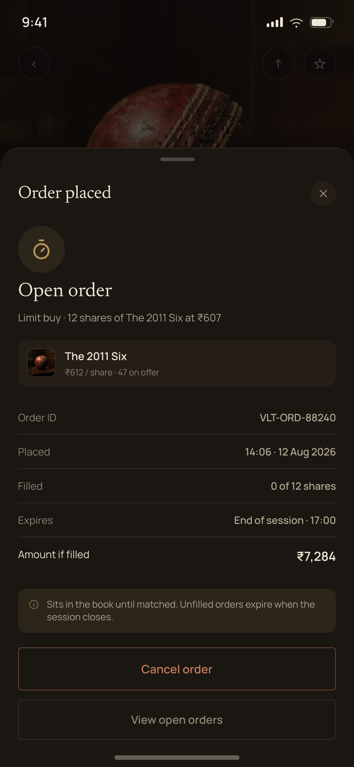 A queued order, modifiable until the open